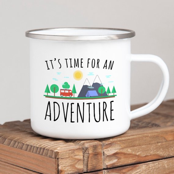 “It’s Time for an Adventure” Enamel Camping Mug — 10oz, Stainless‑Steel Rim