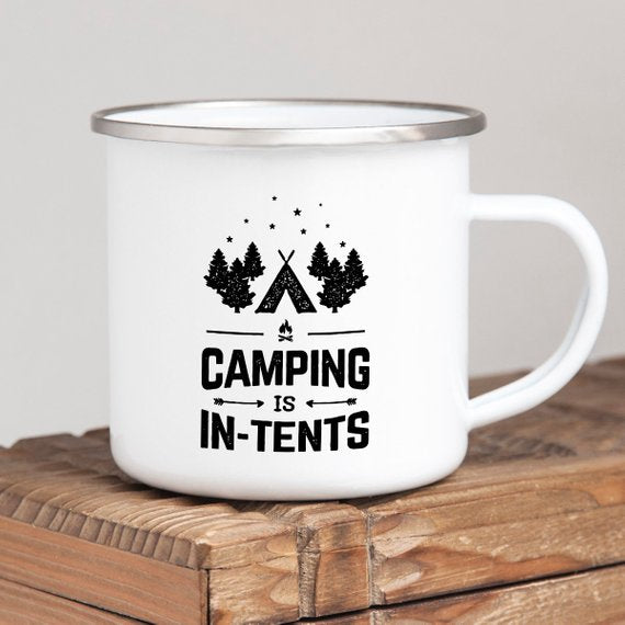"Camping is in-tents" Enamel Campfire Mug — 10oz, Stainless‑Steel Rim