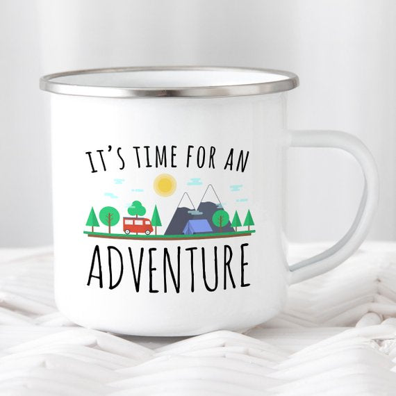 “It’s Time for an Adventure” Enamel Camping Mug — 10oz, Stainless‑Steel Rim