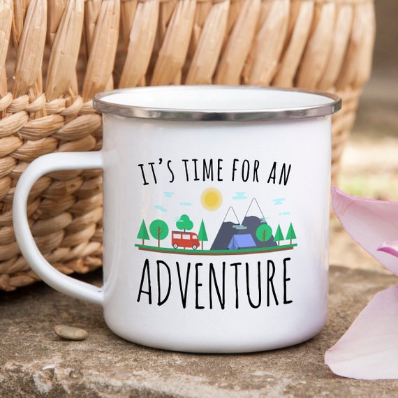 “It’s Time for an Adventure” Enamel Camping Mug — 10oz, Stainless‑Steel Rim