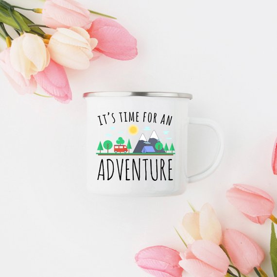 “It’s Time for an Adventure” Enamel Camping Mug — 10oz, Stainless‑Steel Rim