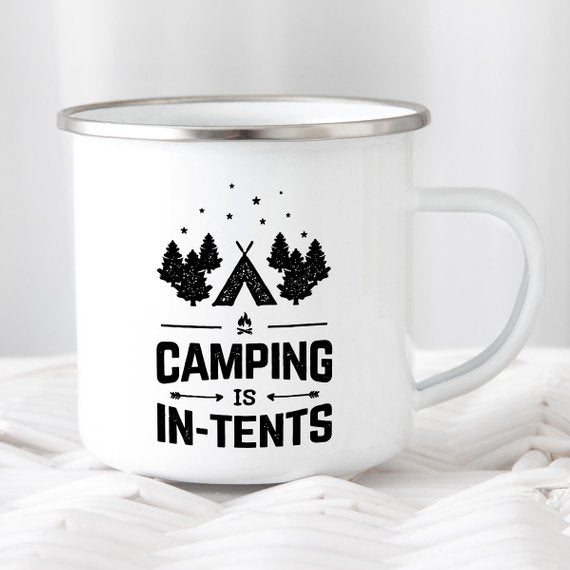 "Camping is in-tents" Enamel Campfire Mug — 10oz, Stainless‑Steel Rim