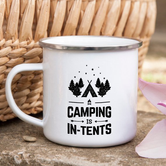 "Camping is in-tents" Enamel Campfire Mug — 10oz, Stainless‑Steel Rim