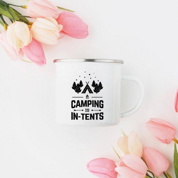 "Camping is in-tents" Enamel Campfire Mug — 10oz, Stainless‑Steel Rim