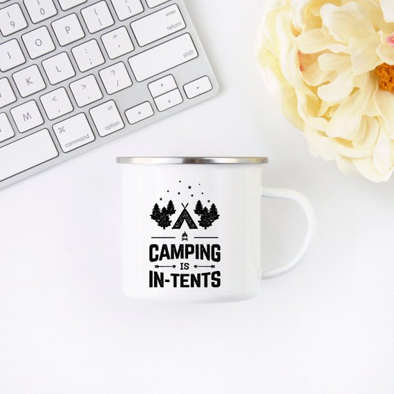 "Camping is in-tents" Enamel Campfire Mug — 10oz, Stainless‑Steel Rim